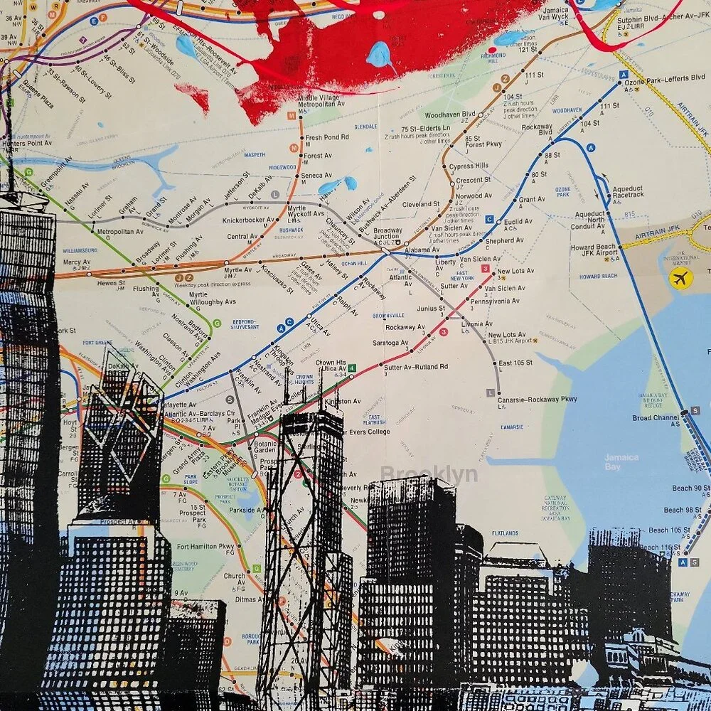 ❤ Handpainted I LOVE New York Skyline Acrylic Paint Artwork on a NYC Subway Map - Picture 9 of 11